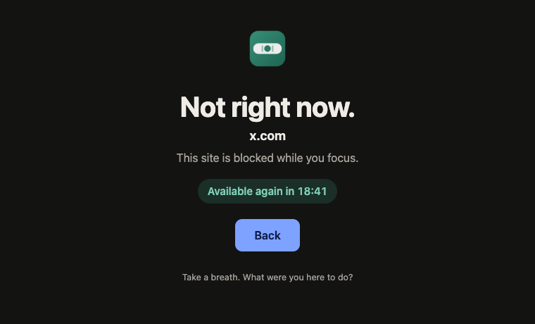 Block page in dark mode reading “Not right now. x.com. Available again in 18:41” with a Back button