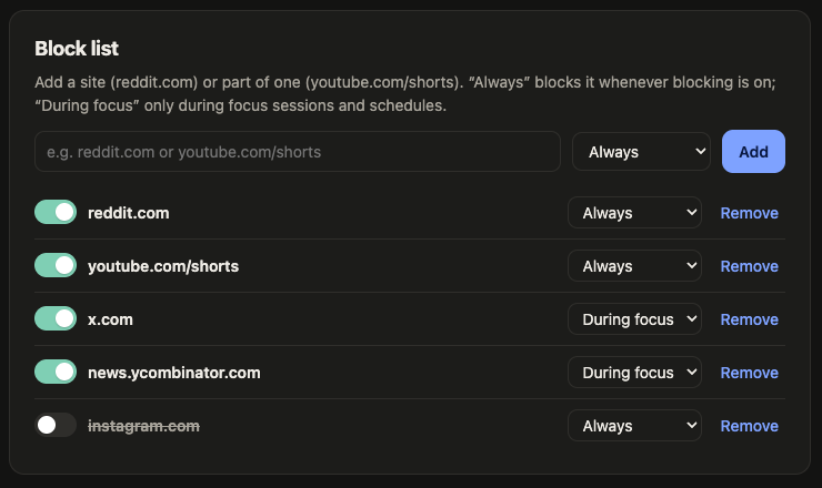 Block list settings in dark mode with five sites, each set to Always or During focus