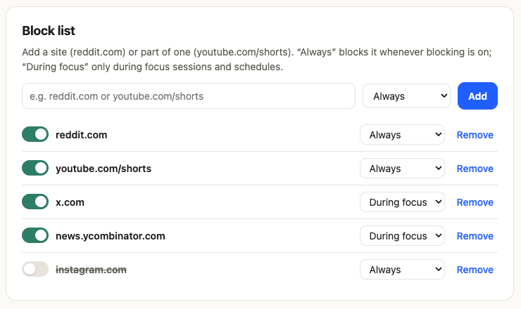 Block list settings with reddit.com, youtube.com/shorts, x.com, news.ycombinator.com and instagram.com, each set to Always or During focus